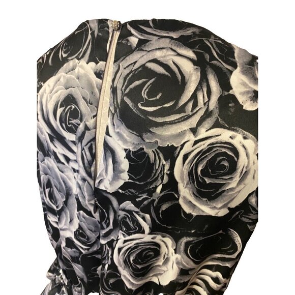 Kate Young Dress 16 Black Ivory Gray Floral Peplum Sheath Washable Faux Silk - Picture 9 of 11